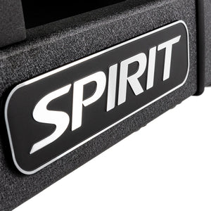 Macro close-up of the SPIRIT logo badge on the Spirit Fitness CTSBS900 handrail.
