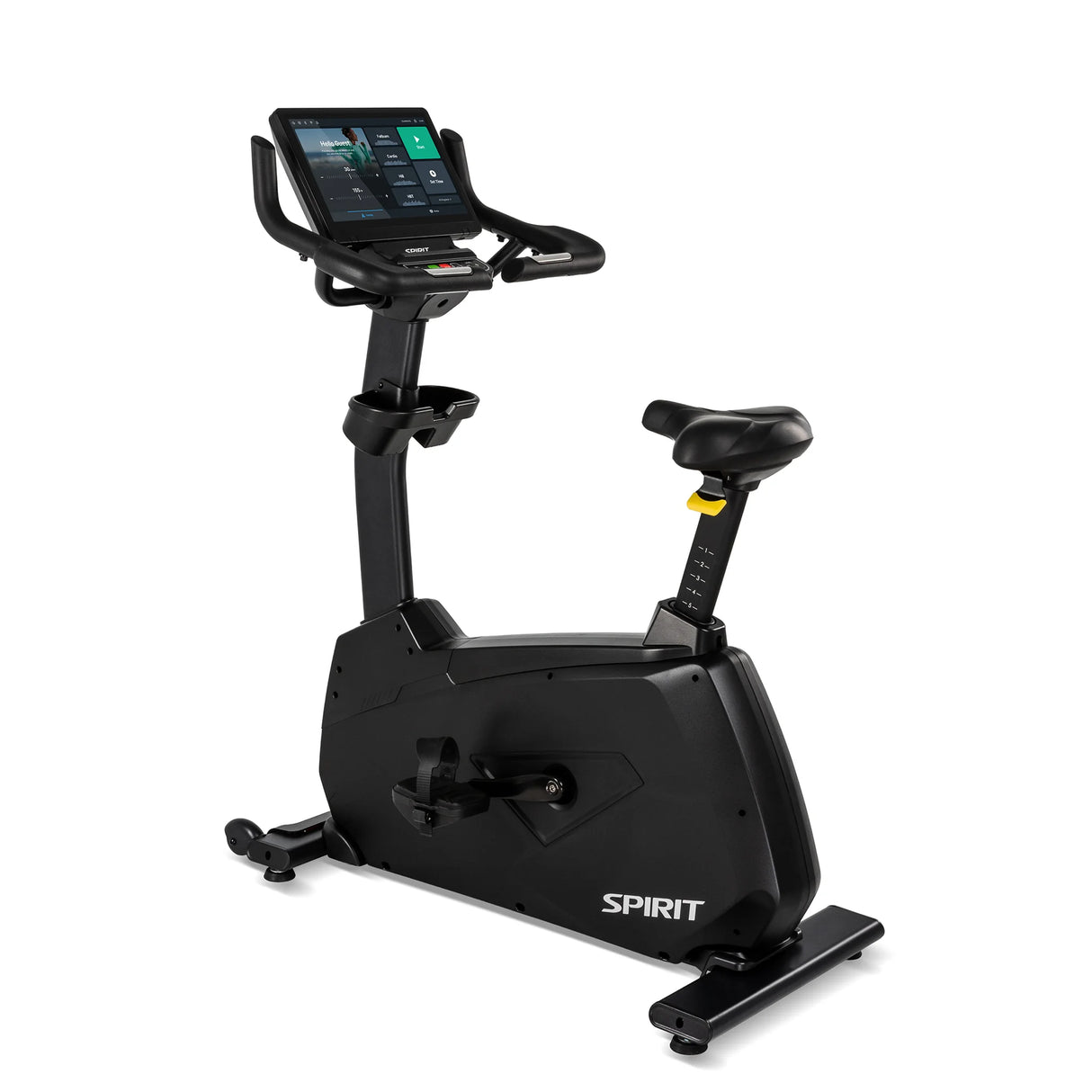 Front three-quarter view of the Spirit Fitness CU1000ENT Upright Bike showing the large touchscreen console displaying a workout menu, wide seat, water bottle holder, and pedal crank on a black frame, displayed on a white background.