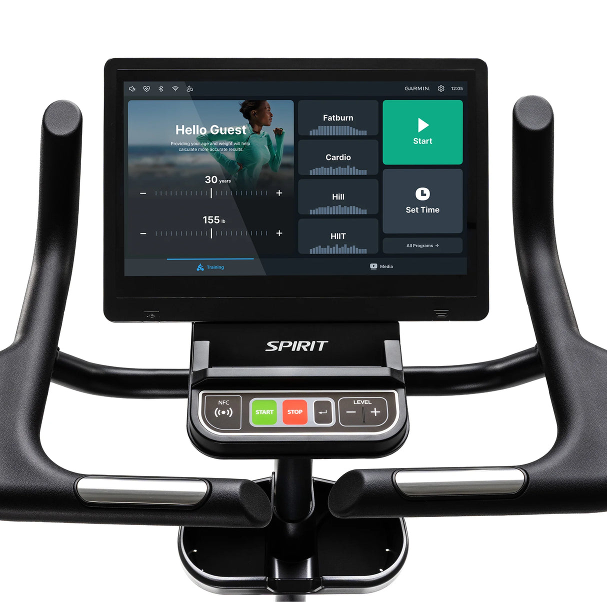 Close-up of the Spirit Fitness CU1000ENT Upright Bike touchscreen console displaying the training menu with Fatburn, Cardio, Hill, and HIIT program options plus a green Start button. Below the screen are physical NFC, Start, Stop, and Level buttons flanked by contact heart-rate grip handlebars. Brand: Spirit Fitness.