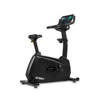 Front three-quarter view of the black Spirit Fitness CU1000ENT Upright Bike from the opposite angle, showing the touchscreen console, adjustable seat with height markings, water bottle holder, and pedal crank.