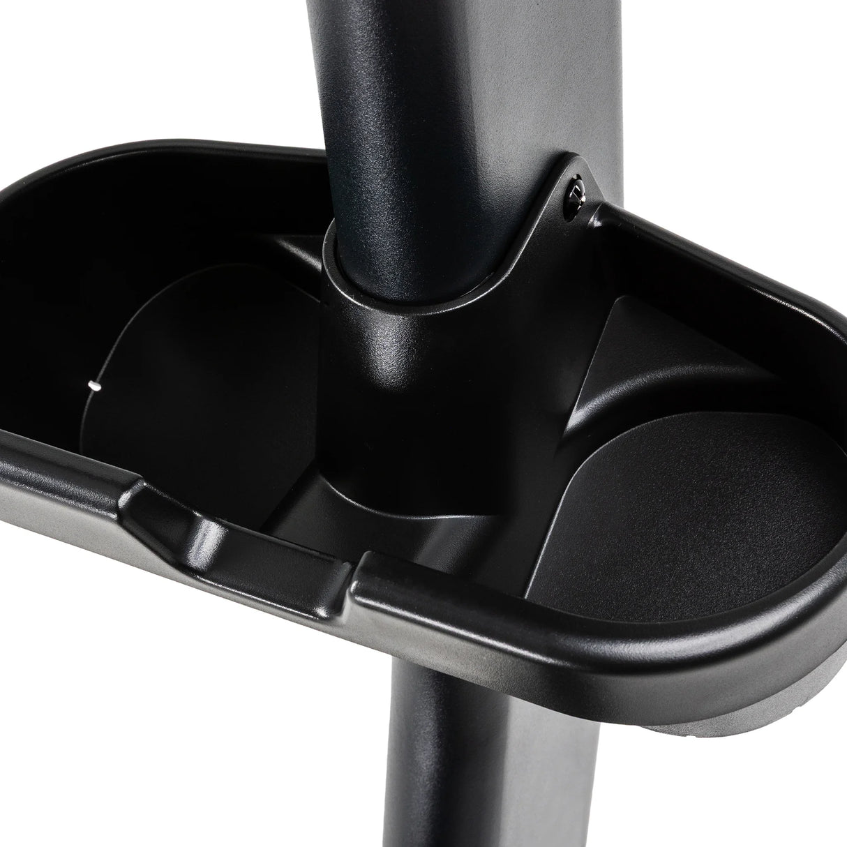Extreme close-up of the Spirit Fitness CU1000ENT Upright Bike's molded dual water bottle and accessory tray mounted on the console mast.
