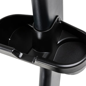 Extreme close-up of the Spirit Fitness CU1000ENT Upright Bike's molded dual water bottle and accessory tray mounted on the console mast.