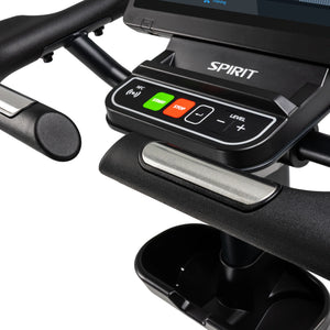 Close-up of the Spirit Fitness CU1000ENT Upright Bike's physical control panel featuring NFC tap icon, green Start button, red Stop button, and Level +/- buttons, with contact heart-rate handlebar grips and water bottle tray visible.