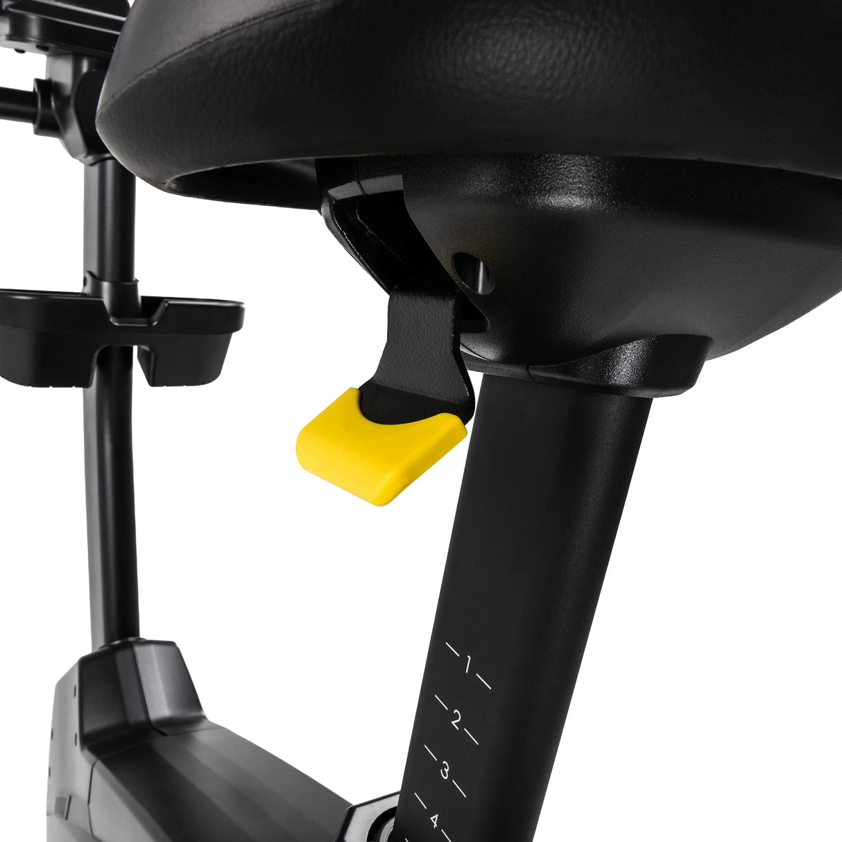 Close-up of the Spirit Fitness CU1000ENT Upright Bike seat area showing the seat rail, adjustable frame, and yellow quick-release seat-height lever with numbered position markings.