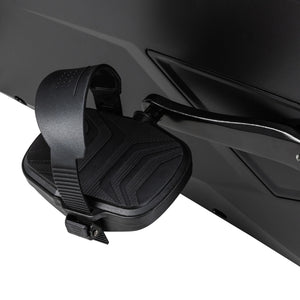 Close-up of the Spirit Fitness CU1000ENT Upright Bike pedal showing the adjustable foot strap, textured non-slip pedal surface, and crank arm connecting to the frame.