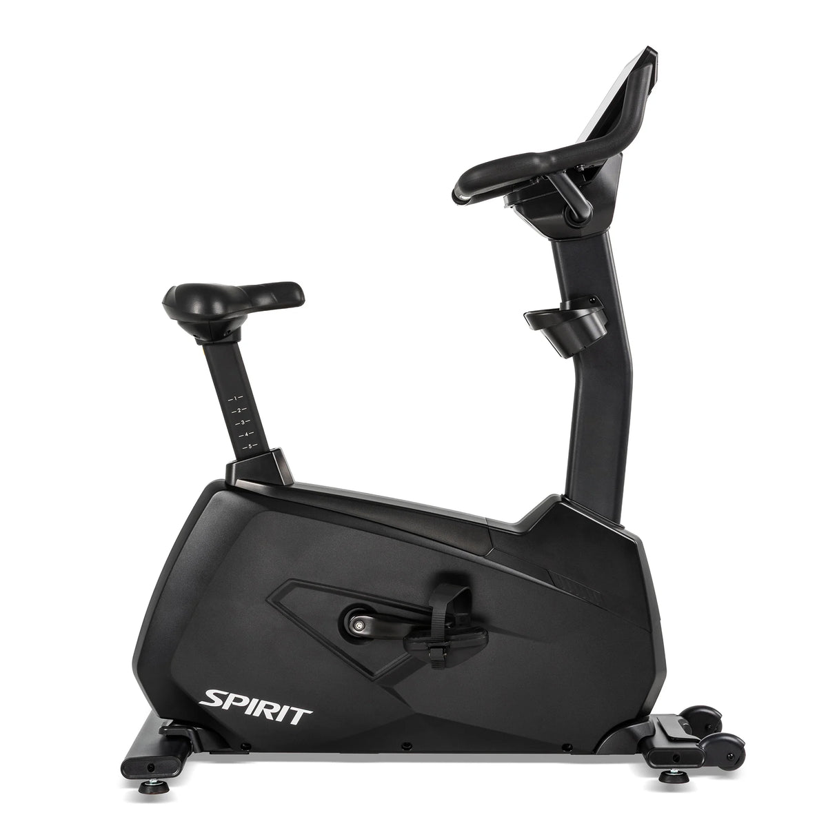 Side profile of the Spirit Fitness CU1000ENT Upright Bike showing the full frame silhouette, upright mast with console, adjustable seat post with numbered height markings 1 through 5, and rear stabilizer with transport wheels.
