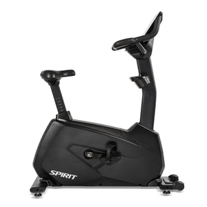 Side profile of the Spirit Fitness CU1000ENT Upright Bike showing the full frame silhouette, upright mast with console, adjustable seat post with numbered height markings 1 through 5, and rear stabilizer with transport wheels.