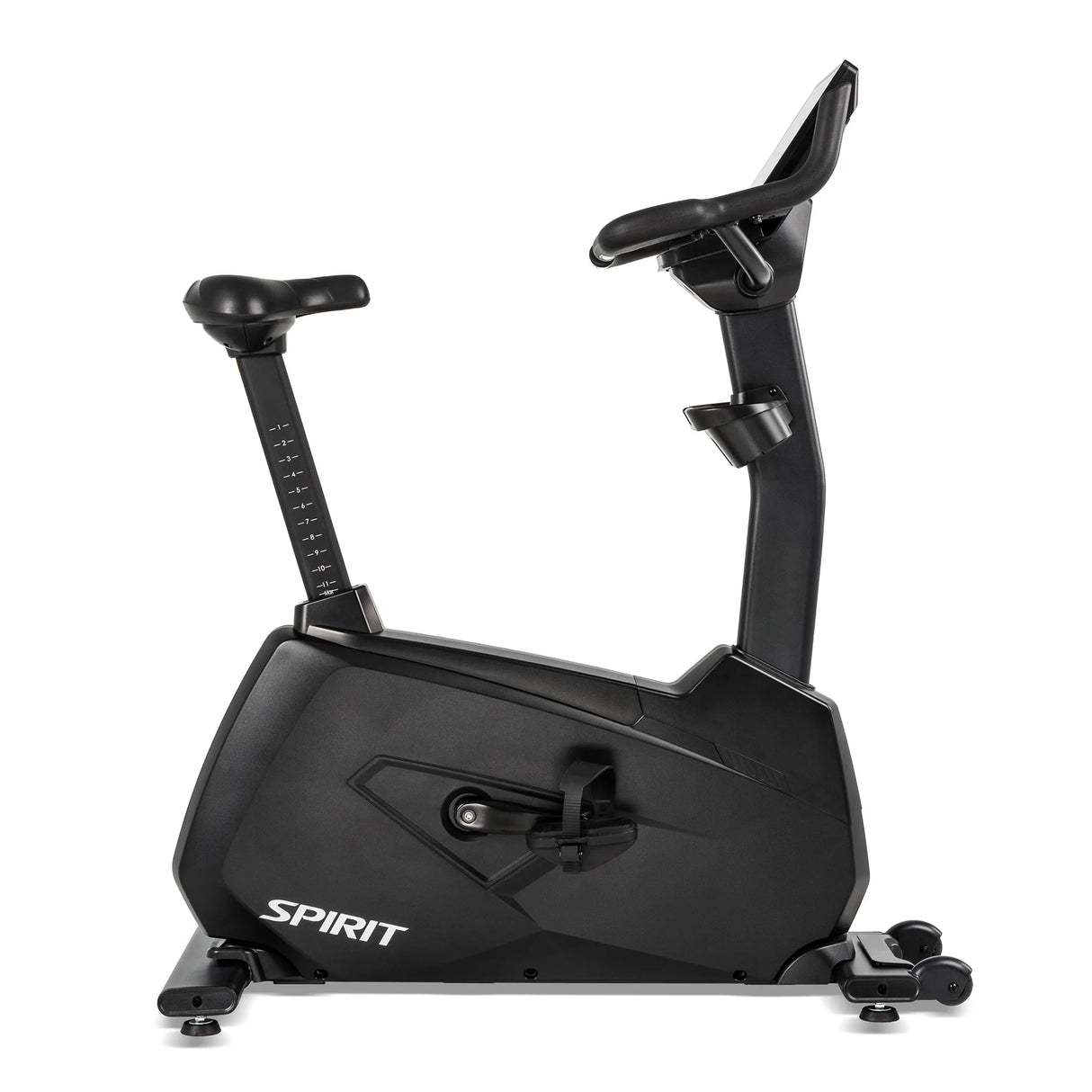 Side profile of the Spirit Fitness CU1000ENT Upright Bike with the seat post raised to show its extended height-adjustment range, numbered 1 through 11 for taller riders.