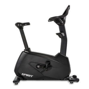 Side profile of the Spirit Fitness CU1000ENT Upright Bike with the seat post raised to show its extended height-adjustment range, numbered 1 through 11 for taller riders.