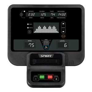 The Spirit Fitness CU800 Upright Bike features a digital display panel that shows distance, calories, pulse, time elapsed, RPM, and level. Below the screen are buttons for level adjustment, start, and stop. The Spirit Fitness brand is visible.