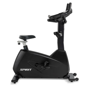 The Spirit Fitness CU800 Upright Bike by Spirit Fitness is a black stationary bike with adjustable seat and handlebars, shown against a white background.