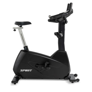 The Spirit Fitness CU800 Upright Bike is a black stationary exercise bike with adjustable seat and handlebars, pedals, digital display console, and the Spirit Fitness brand name printed on the lower side.