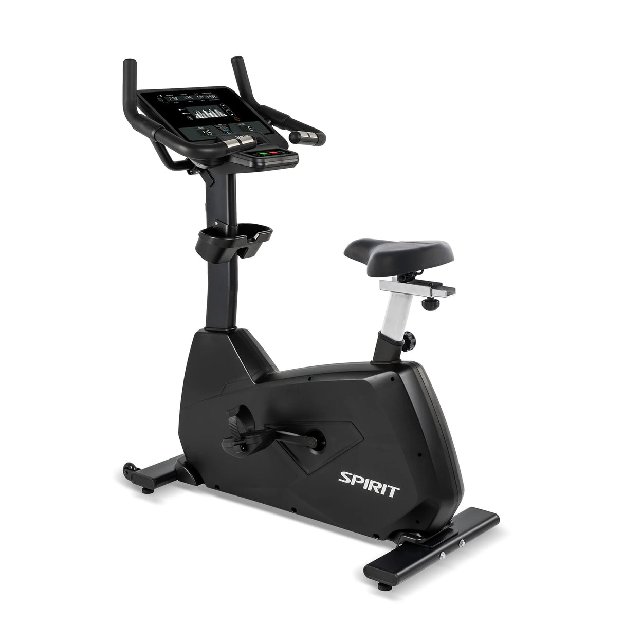 The Spirit Fitness CU800 Upright Bike by Spirit Fitness features a digital display console, adjustable seat, ergonomic handlebars, and cup holder. Shown in black on a white background.