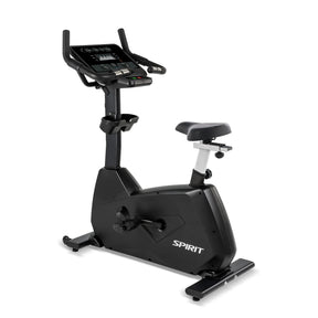 The Spirit Fitness CU800 Upright Bike by Spirit Fitness features a digital display console, adjustable seat, ergonomic handlebars, and cup holder. Shown in black on a white background.