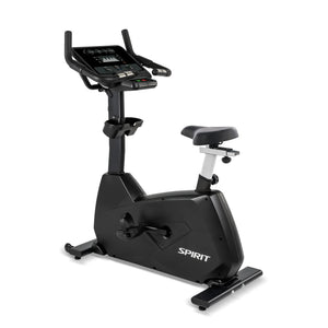 The Spirit Fitness CU800 Upright Bike by Spirit Fitness features a digital display console, adjustable seat, ergonomic handlebars, and cup holder. Shown in black on a white background.