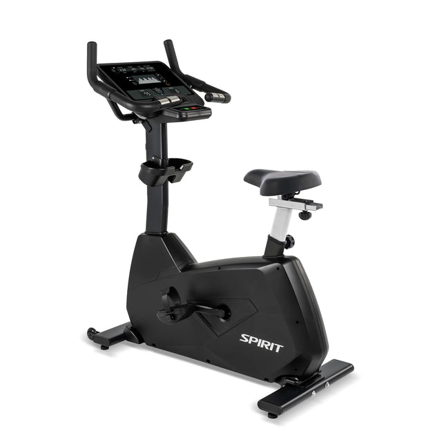 The Spirit Fitness CU800 Upright Bike by Spirit Fitness features a digital display console, adjustable seat, ergonomic handlebars, and cup holder. Shown in black on a white background.