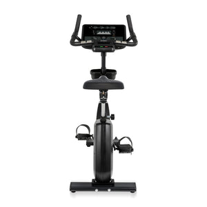 The Spirit Fitness CU800 Upright Bike by Spirit Fitness features a digital display, handlebars, padded seat, and two strapped pedals on a sturdy base, shown from the front.