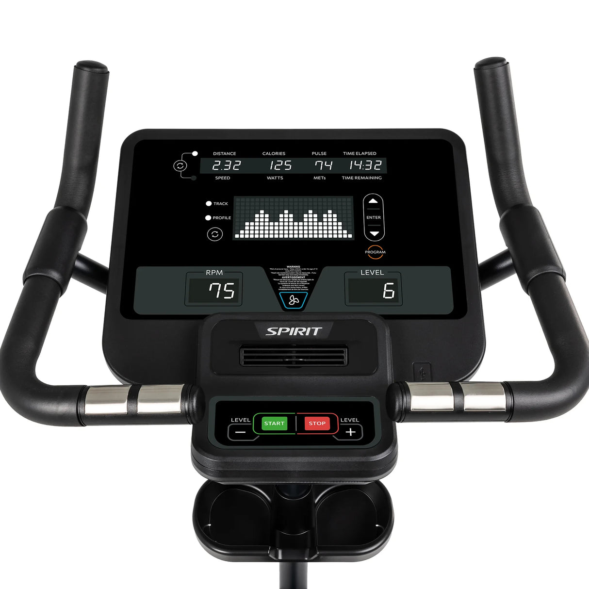 Close-up of the Spirit Fitness CU800 Upright Bike’s digital console displaying distance, calories, pulse, time, RPM, and resistance. The Spirit Fitness bike’s handlebars and start/stop/level controls are also shown.