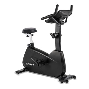 The Spirit Fitness CU800 Upright Bike is a black stationary exercise bike with adjustable seat, pedals, handlebars, built-in display, and water bottle holder. "Spirit Fitness" branding appears on the base. The bike is pictured on a white background.