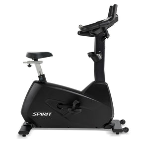 The Spirit Fitness CU800 Upright Bike features a black frame, adjustable seat, pedals, and handlebars, with "Spirit Fitness" branding on the side, displayed against a white background.