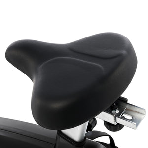 Close-up of the Spirit Fitness CU800ENT Upright Bike by Spirit Fitness, featuring a wide, black padded seat with molded contours mounted on a metal post against a white background.