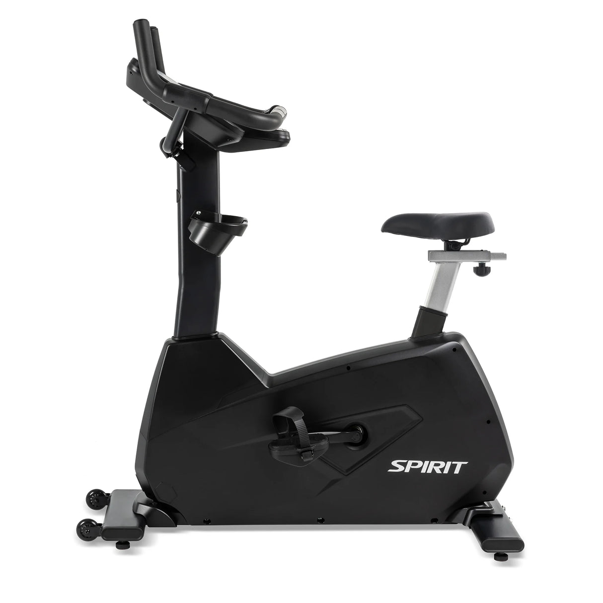 The Spirit Fitness CU800ENT Upright Bike is a black stationary exercise bike with an adjustable seat, pedals, and digital display. The Spirit Fitness logo appears on the side, and it is shown against a white background.
