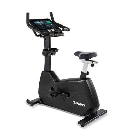 The Spirit Fitness CU800ENT Upright Bike is a black exercise bike with a digital display, adjustable seat and handlebars, and the Spirit Fitness brand name visible on its base.