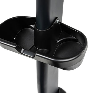 Close-up of the Spirit Fitness CU800ENT Upright Bike’s black plastic cup holder by Spirit Fitness, mounted on a vertical metal pole with two circular compartments and a central support section.