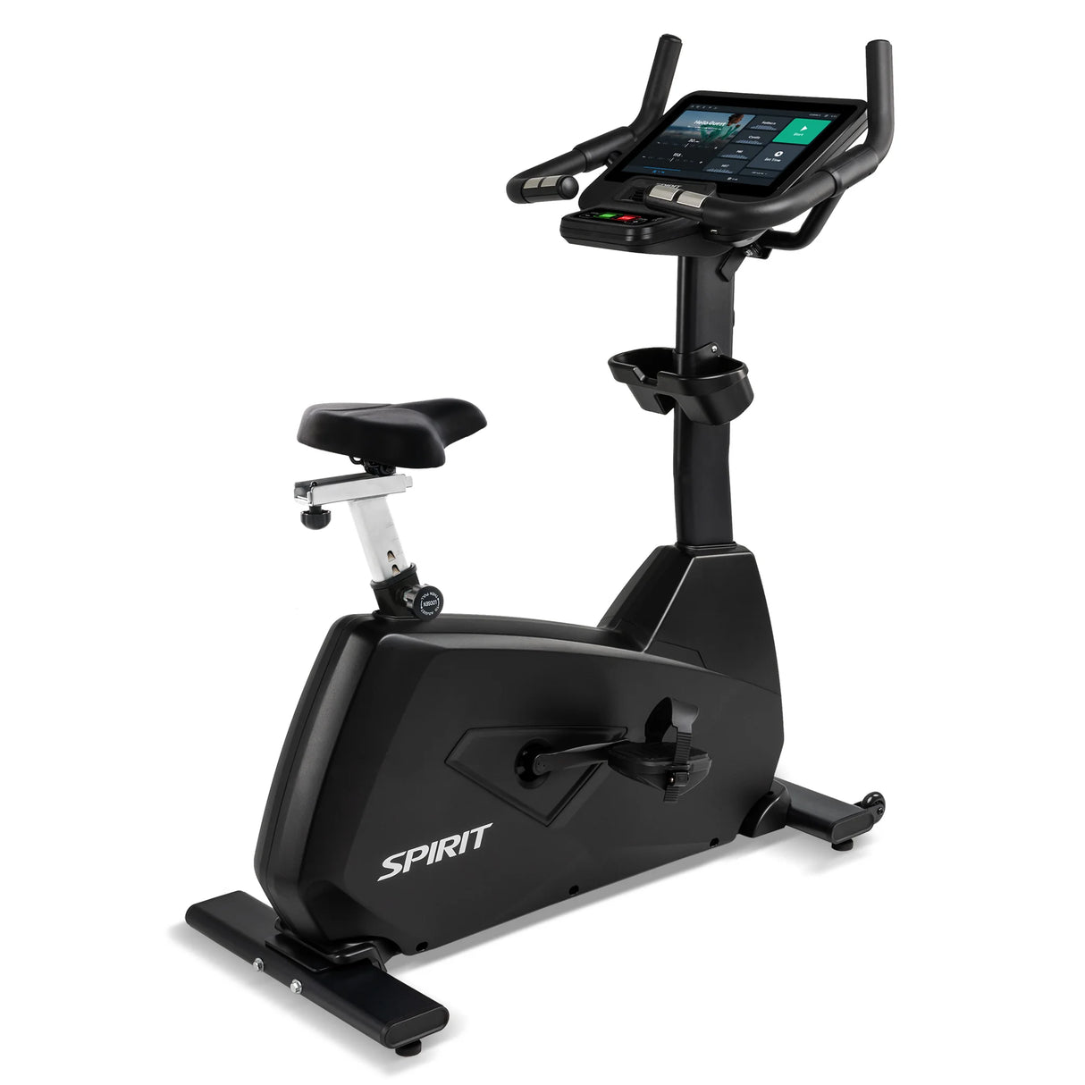 The Spirit Fitness CU800ENT Upright Bike by Spirit Fitness is a black stationary bike with an adjustable seat, digital display, and handlebars, shown on a white background.