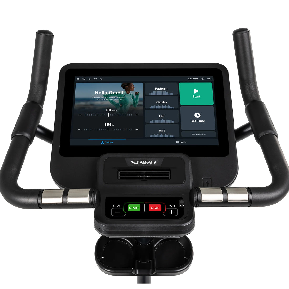 Close-up of the Spirit Fitness CU800ENT Upright Bike console with handlebars, digital display showing workout stats, Start/Stop and Level control buttons, and a clear fitness interface. Brand: Spirit Fitness.