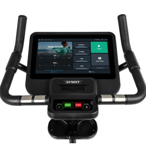 Close-up of the Spirit Fitness CU800ENT Upright Bike console with handlebars, digital display showing workout stats, Start/Stop and Level control buttons, and a clear fitness interface. Brand: Spirit Fitness.
