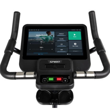 Close-up of the Spirit Fitness CU800ENT Upright Bike console with handlebars, digital display showing workout stats, Start/Stop and Level control buttons, and a clear fitness interface. Brand: Spirit Fitness.