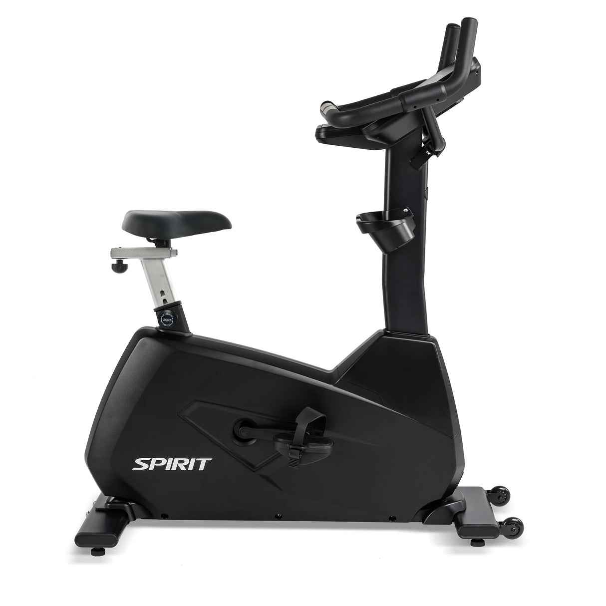 The Spirit Fitness CU800ENT Upright Bike by Spirit Fitness is a black stationary exercise bike with adjustable seat and handlebars, pedals, and the brand name printed on the frame, shown from a side view on a flat surface.