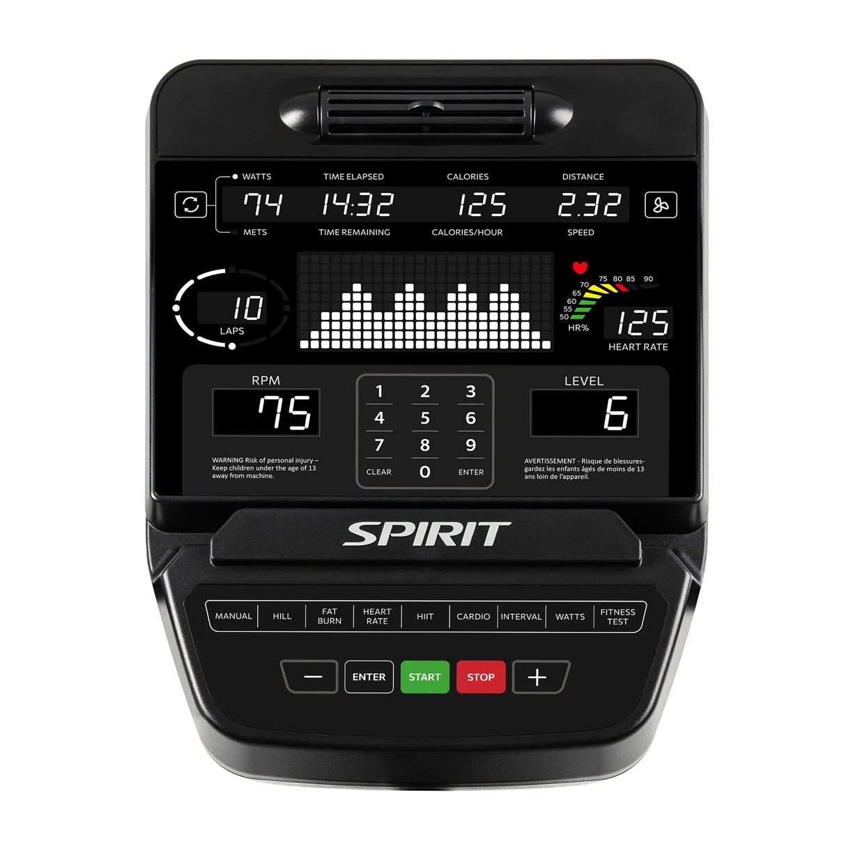 Close-up of a Spirit Fitness CU900 Upright Bike console showing stats—watts, time, calories, distance, speed, laps, RPM, METs, heart rate, level—and a bar graph. Program and control buttons are located below the screen.