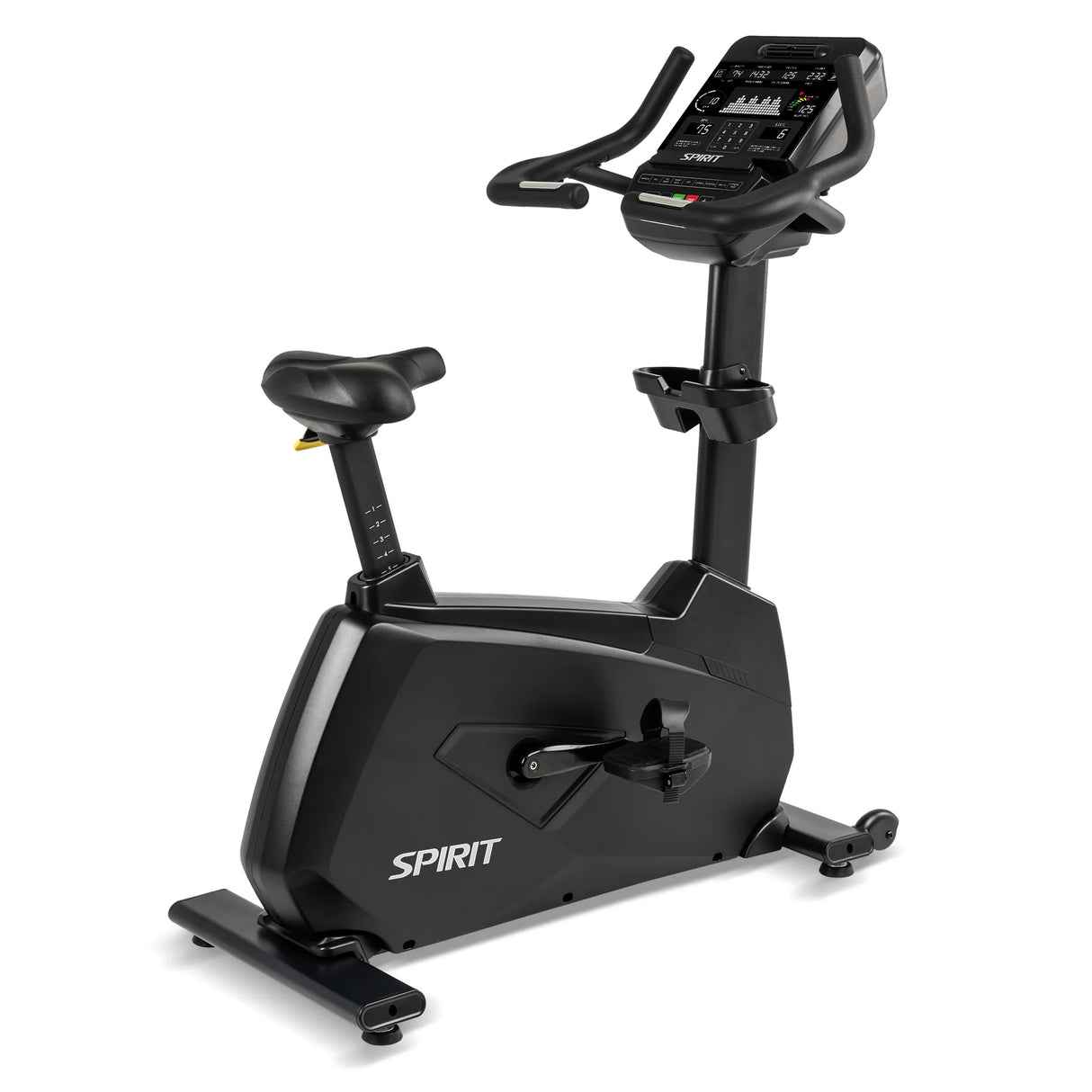 The Spirit Fitness CU900 Upright Bike by Spirit Fitness features a black frame, adjustable seat, digital display, handlebars, and SPIRIT branding near the pedals.