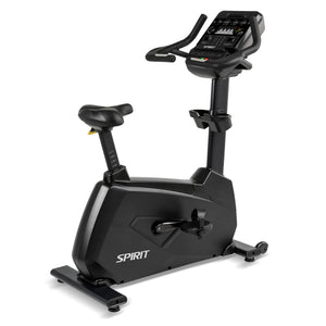 The Spirit Fitness CU900 Upright Bike by Spirit Fitness features a black frame, adjustable seat, digital display, handlebars, and SPIRIT branding near the pedals.
