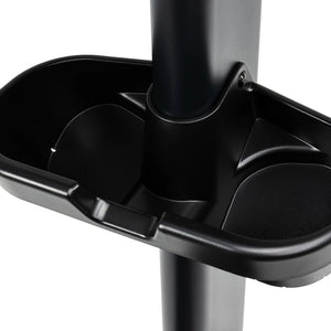 Close-up of a black plastic tray with multiple compartments for small items, attached to a vertical pole on the Spirit Fitness CU900 Upright Bike by Spirit Fitness.