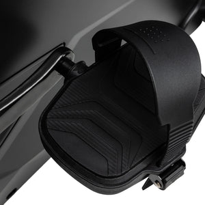 Close-up of the Spirit Fitness CU900 Upright Bike’s black pedal, featuring a textured surface and adjustable foot strap, set against the bike’s dark frame.