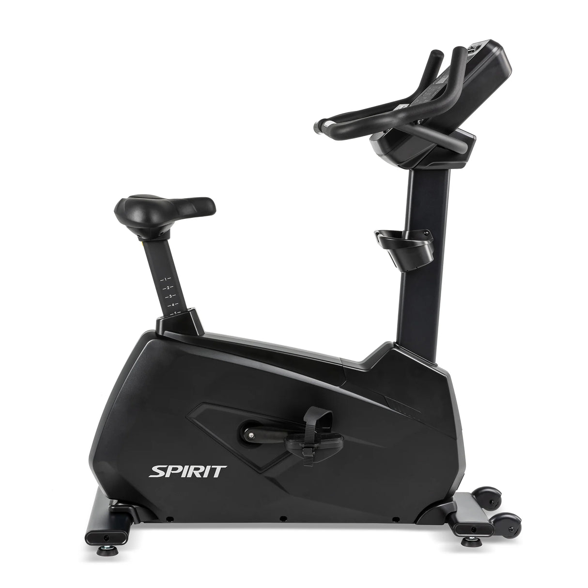 The Spirit Fitness CU900 Upright Bike features a black frame, padded seat, adjustable handlebars, and a display screen. The Spirit Fitness brand name appears on the bike’s base.