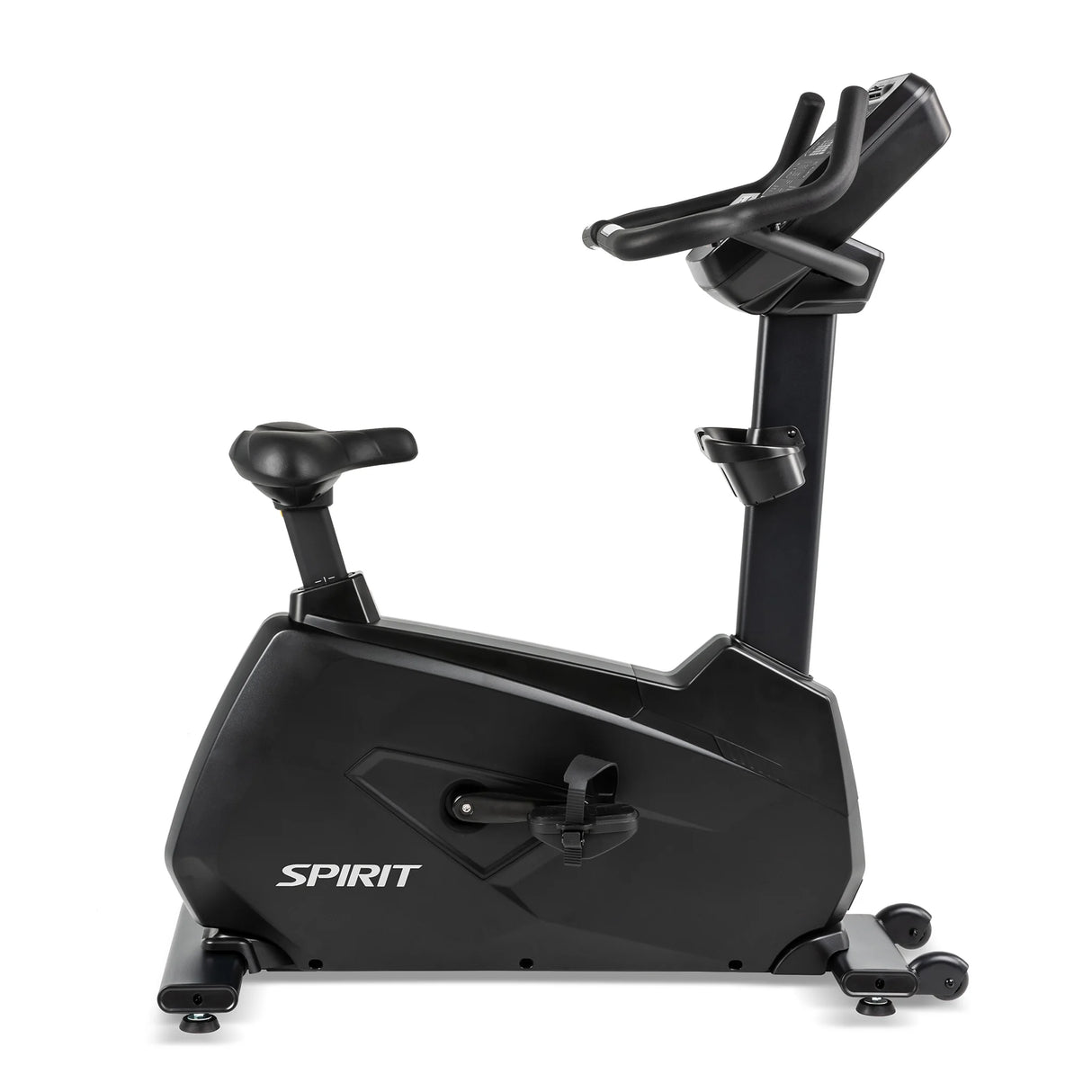 The Spirit Fitness CU900 Upright Bike by Spirit Fitness is a black stationary exercise bike with a digital display, adjustable seat and handles. "SPIRIT" is printed on the frame and the bike is set against a white background.