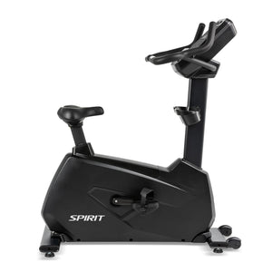 The Spirit Fitness CU900 Upright Bike by Spirit Fitness is a black stationary exercise bike with a digital display, adjustable seat and handles. "SPIRIT" is printed on the frame and the bike is set against a white background.