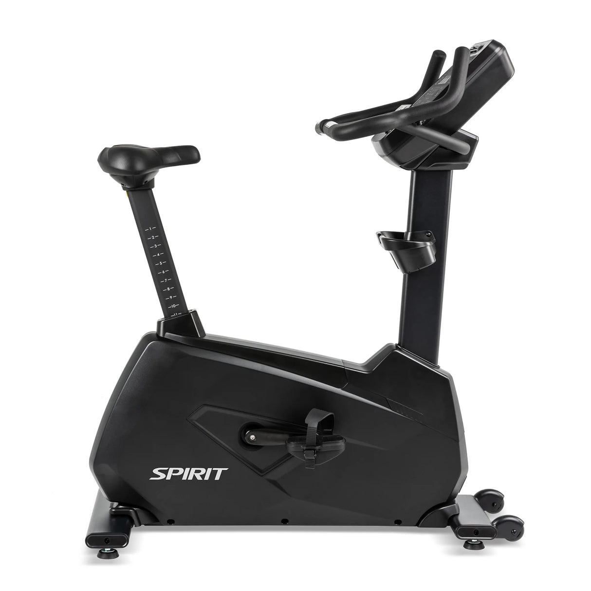 The Spirit Fitness CU900 Upright Bike by Spirit Fitness features a black frame, adjustable seat and handlebars, pedal straps, and a digital display. It is shown from the side against a white background.