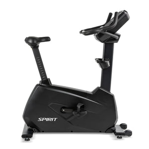 The Spirit Fitness CU900 Upright Bike by Spirit Fitness features a black frame, adjustable seat and handlebars, pedal straps, and a digital display. It is shown from the side against a white background.