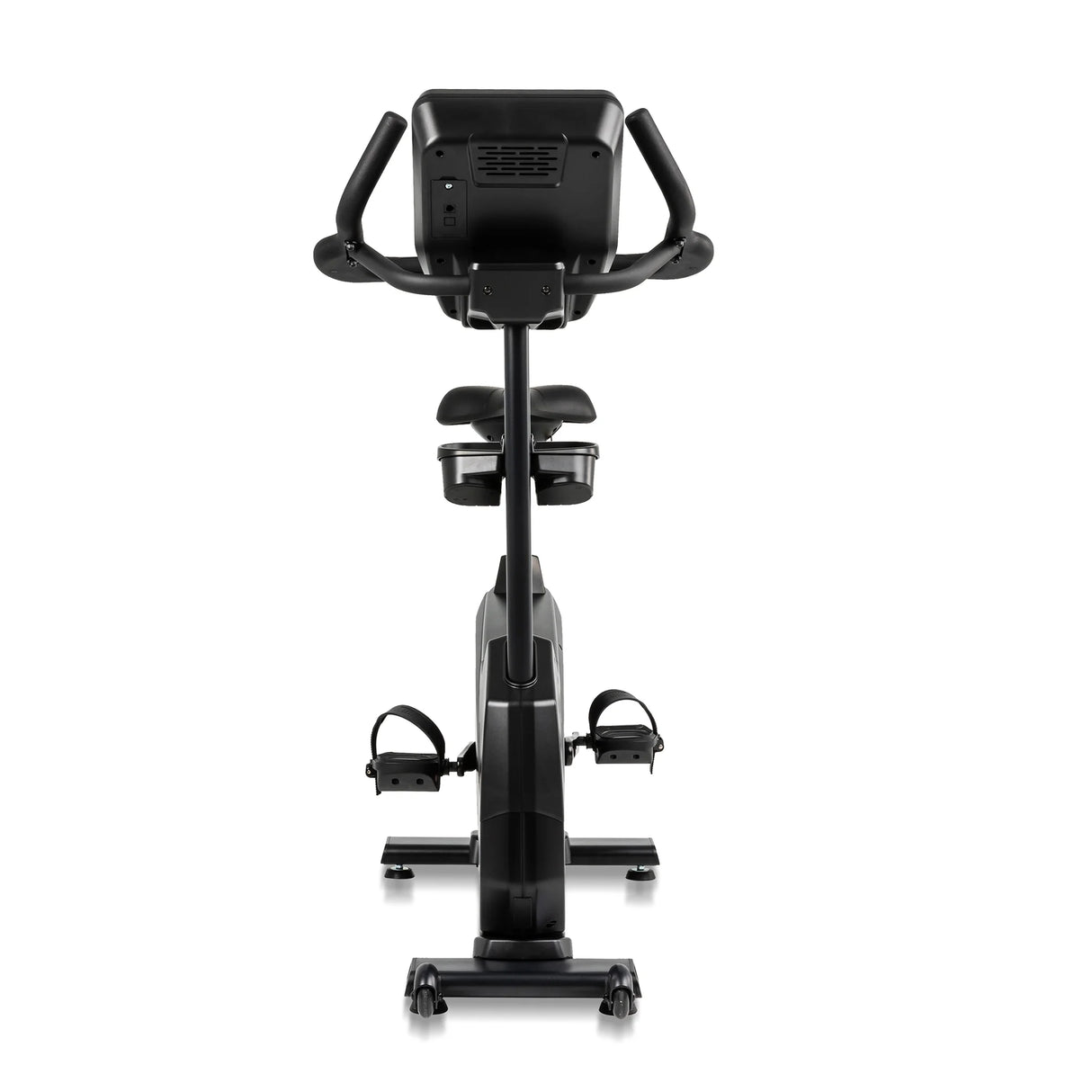 The Spirit Fitness CU900 Upright Bike by Spirit Fitness is shown from the back, highlighting its seat, pedals, handlebars, and display console against a white background.