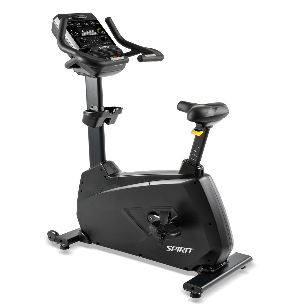 The Spirit Fitness CU900 Upright Bike is a black exercise bike with an electronic display, adjustable seat and pedals, featuring the Spirit Fitness brand name on its base.