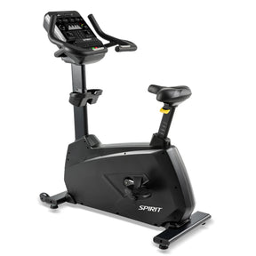 The Spirit Fitness CU900 Upright Bike is a black exercise bike with an electronic display, adjustable seat and pedals, featuring the Spirit Fitness brand name on its base.