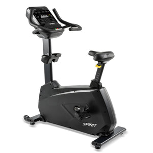 The Spirit Fitness CU900 Upright Bike is a black exercise bike with an electronic display, adjustable seat and pedals, featuring the Spirit Fitness brand name on its base.