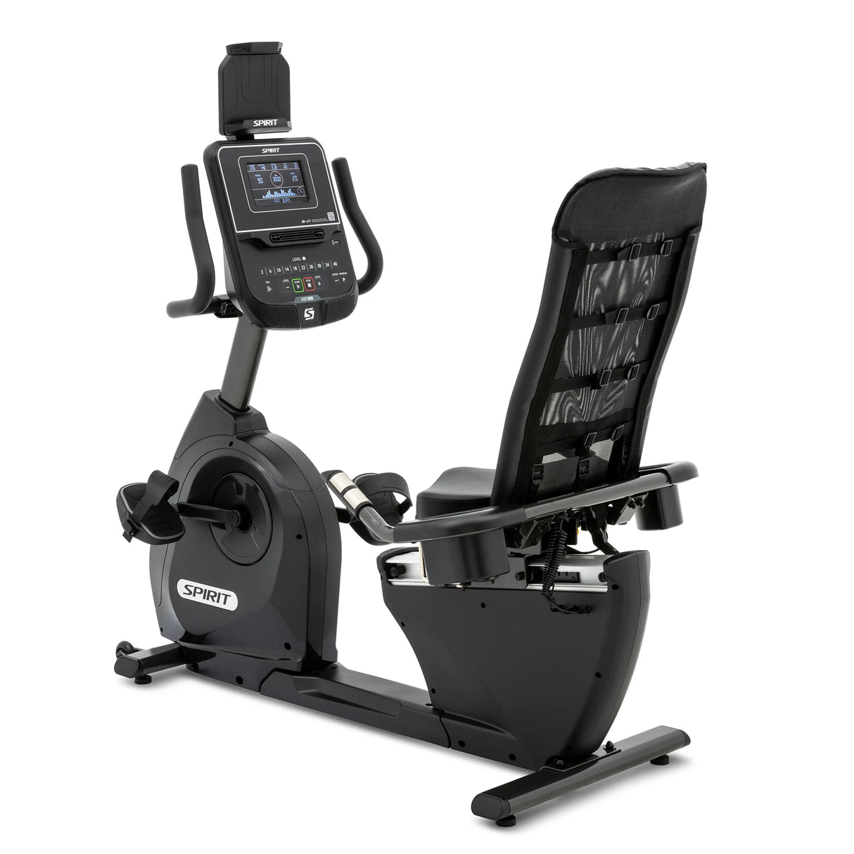 The Spirit Fitness XBR95 Recumbent Bike is a black indoor bike with a digital display, mesh backrest, and pedals. The Spirit Fitness brand appears on the frame, making it ideal for effective indoor workouts.
