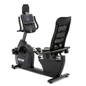 The Spirit Fitness XBR95 Recumbent Bike is a black indoor bike with a digital display, mesh backrest, and pedals. The Spirit Fitness brand appears on the frame, making it ideal for effective indoor workouts.