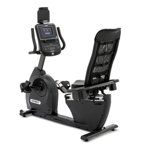 The Spirit Fitness XBR95 Recumbent Bike is a black indoor bike with a digital display, mesh backrest, and pedals. The Spirit Fitness brand appears on the frame, making it ideal for effective indoor workouts.